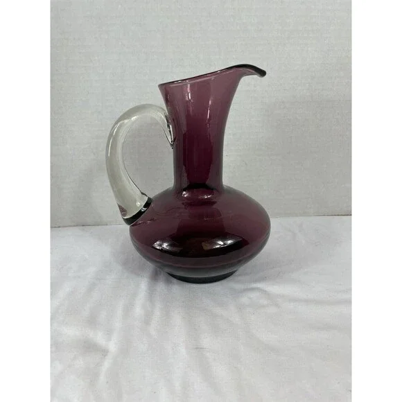 Vase Pitcher Amethyst Hand Blown Glass Pontil Purple Clear Handle 7.5" Tall MCM - Picture 15 of 16
